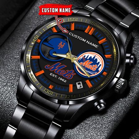 New York Mets MLB Personalized Black Stainless Steel Watch Gifts For Fans