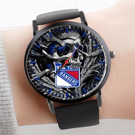 New York Rangers NHL Personalized Skull 3D Men Leather Hand Watch Gift For Fans For Father