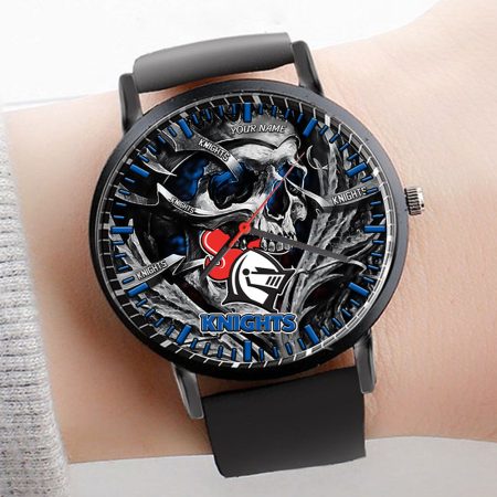 Newcastle Knights NRL 3D Men Skull Leather Hand Watch Personalized Gift For Fans For Father For Fan