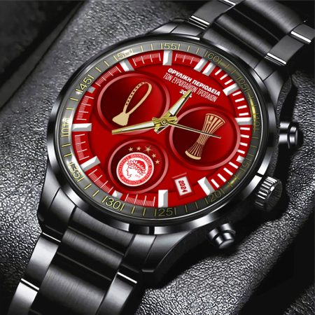 Olympiakos Super League F.C. Black Stainless Steel Watch Gift For Fan