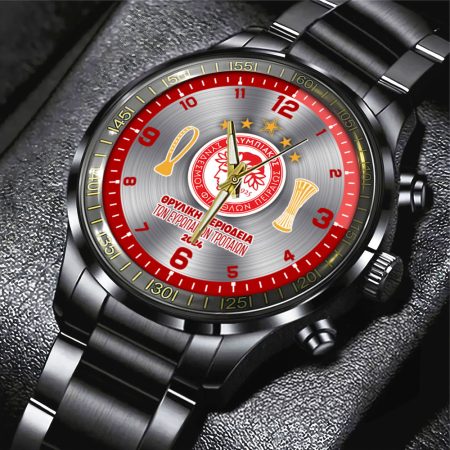 Olympiakos Super League F.C. Black Stainless Steel Watch Gift For Fan
