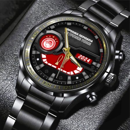 Olympiakos Super League F.C. Black Stainless Steel Watch Gift For Fan