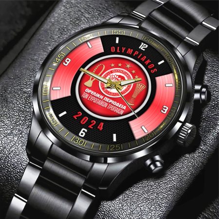 Olympiakos Super League F.C. Black Stainless Steel Watch Gift For Fan