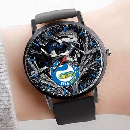 Parramatta Eels NRL 3D Men Skull Leather Hand Watch Personalized Gift For Fans For Father For Fan