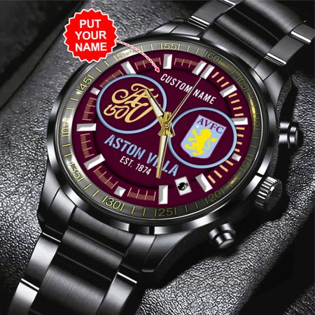 Personalized Aston Villa Premier League Black Stainless Steel Watch Gift For Fan