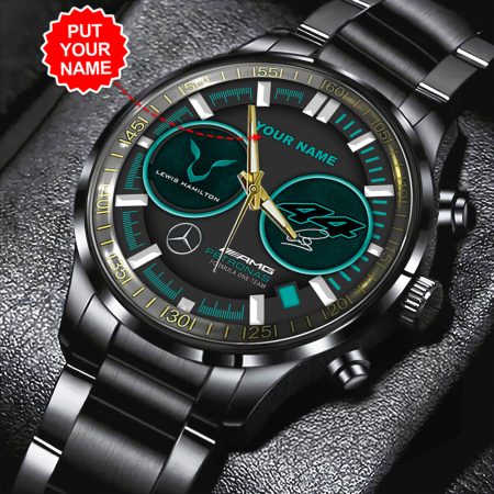 Personalized Mercedes-AMG Petronas F1 x Lewis Hamilton Black Stainless Steel Watch Gift For Fan