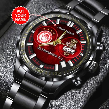 Personalized Olympiakos F.C. Super League Black Stainless Steel Watch Gift For Fan