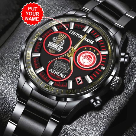 Personalized Olympiakos F.C. Super League Black Stainless Steel Watch Gift For Fan