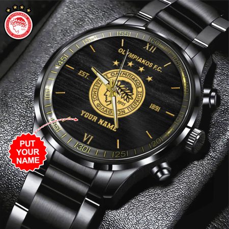 Personalized Olympiakos F.C. Super League Black Stainless Steel Watch Gift For Fan