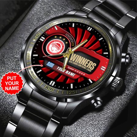 Personalized Olympiakos Super League F.C. Black Stainless Steel Watch Gift For Fan