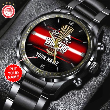 Personalized Olympiakos Super League F.C. Black Stainless Steel Watch Gift For Fan