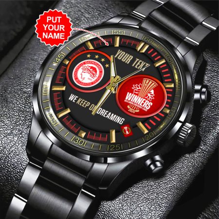 Personalized Olympiakos Super League F.C. Black Stainless Steel Watch Gift For Fan