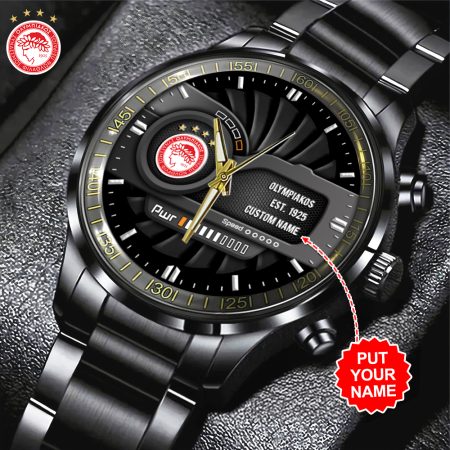 Personalized Olympiakos Super League F.C. Black Stainless Steel Watch Gift For Fan