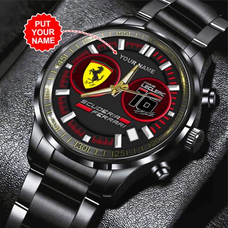 Personalized Scuderia Ferrari Car x Charles Leclerc F1 Black Stainless Steel Watch Gift For Fan