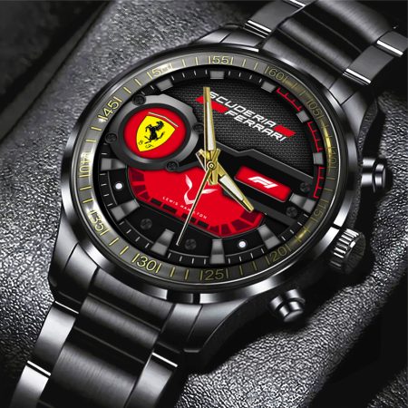Personalized Scuderia Ferrari x Lewis Hamilton F1 Black Stainless Steel Watch Gift For Fan