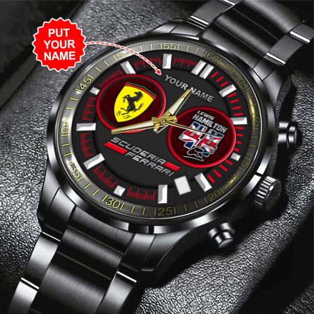 Personalized Scuderia Ferrari x Lewis Hamilton F1 Black Stainless Steel Watch Gift For Fan