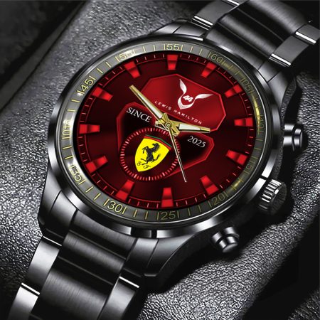 Personalized Scuderia Ferrari x Lewis Hamilton F1 Black Stainless Steel Watch Gift For Fan