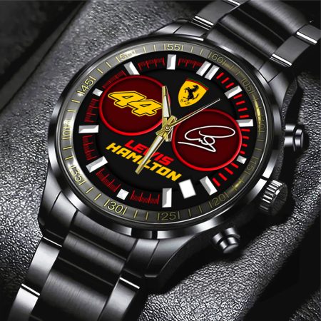 Personalized Scuderia Ferrari x Lewis Hamilton F1 Black Stainless Steel Watch Gift For Fan