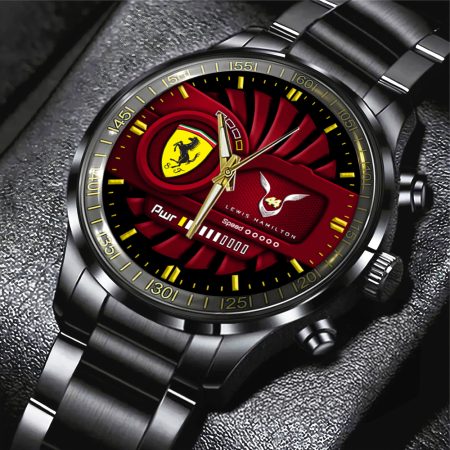Personalized Scuderia Ferrari x Lewis Hamilton F1 Black Stainless Steel Watch Gift For Fan