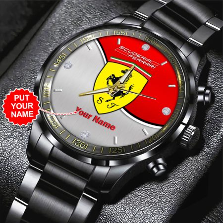 Personalized Scuderia Ferrari x Lewis Hamilton F1 Black Stainless Steel Watch Gift For Fan