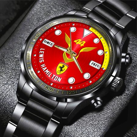 Personalized Scuderia Ferrari x Lewis Hamilton F1 Black Stainless Steel Watch Gift For Fan