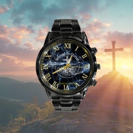 Rooted In Christ Jesus Cross Pray Bible Verse Christian Personalized Black Stainless Steel Watch