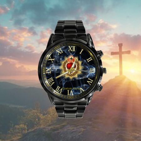 Sacred Heart Of Jesus Art Christ Vintage Catholic Blessing Personalized Black Stainless Steel Watch