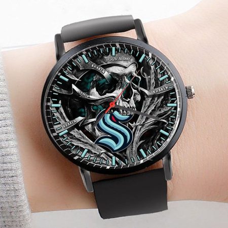 Seattle Kraken NHL Personalized Skull 3D Men Leather Hand Watch Gift For Fans For Father
