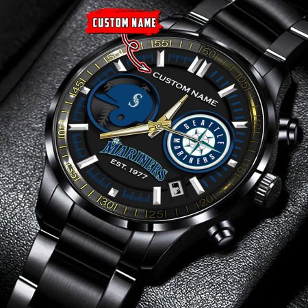 Seattle Mariners MLB Personalized Black Stainless Steel Watch Gifts For Fans