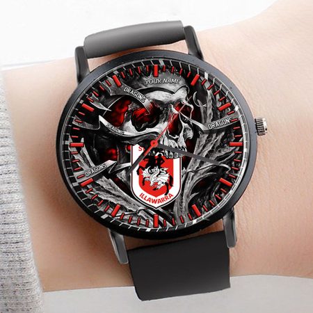 St George Illawarra Dragons NRL 3D Men Skull Leather Hand Watch Personalized Gift For Fans For Father For Fan