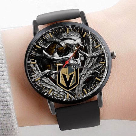 Vegas Golden Knights NHL Personalized Skull 3D Men Leather Hand Watch Gift For Fans For Father