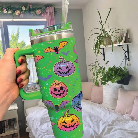 Halloween Bat and Pumpkin Custom  Quencher 40oz Stainless Steel Tumbler HG With Handle