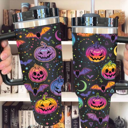 Halloween Bat and Pumpkin Custom  Quencher 40oz Stainless Steel Tumbler HG With Handle