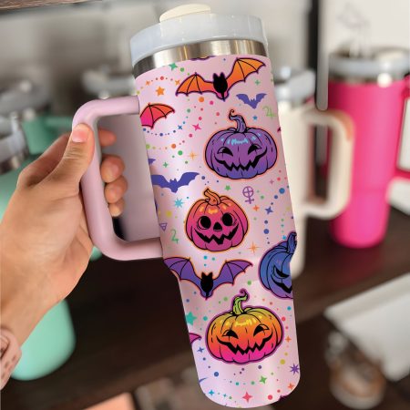 Halloween Bat and Pumpkin Custom  Quencher 40oz Stainless Steel Tumbler HG With Handle