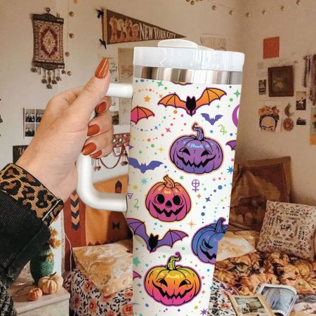 Halloween Bat and Pumpkin Custom  Quencher 40oz Stainless Steel Tumbler HG With Handle