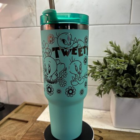 Tweety Bird Cartoon Engraved Custom Quencher 30oz or 40oz Stainless Steel Tumbler With Handle NNA