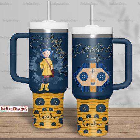 Coraline Doll, Coraline Jones , Caroline Button Eyes Custom Quencher 40oz Stainless Steel Tumbler With Handle NNA