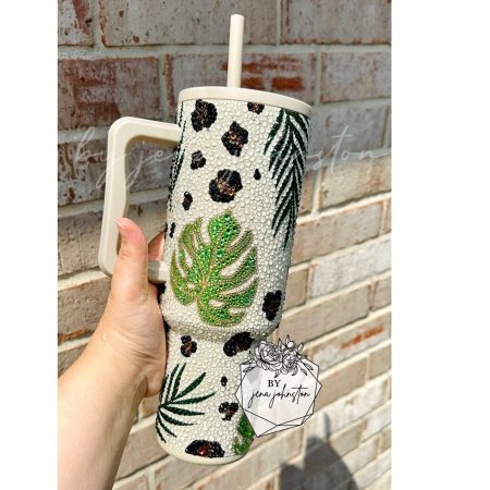 Simple Modern Trek Monstera Leaf Cheetah Leopard Print Bling Glas Crystal Almond Burch Transparent Lid Rhinestone Diamond 40oz Tumbler With Handle HG