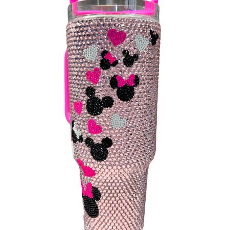 Fully Bling Mickey and Minnie Mouse Transparent Lid Rhinestone Diamond 40oz Tumbler With Handle HG