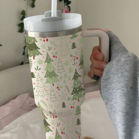 Christma Christma Tree Retro Merry Christma with Lid and Straw Christma Tree Doodle Holiday TumberTransparent Lid Rhinestone Diamond 40oz Tumbler With Handle HG