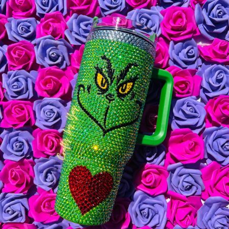 Pre-Order Mean and Green Bejeweled Bling Dupe Christma Gift Merry Grinchma Bedazzled Travel Transparent Lid Rhinestone Diamond 40oz Tumbler With Handle HG