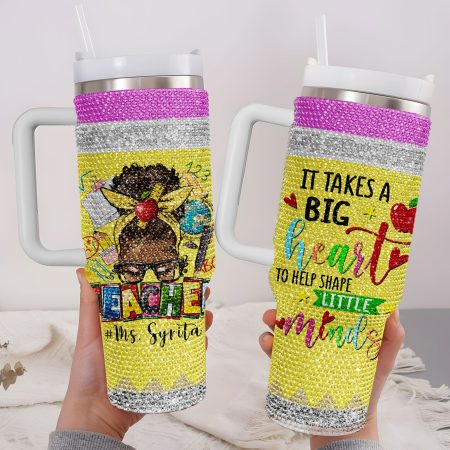 Custom Black Teacher Melanin Teacher Bling African American Teacher Back To School First Day Of SchoolTransparent Lid Rhinestone Diamond 40oz Tumbler With Handle HG