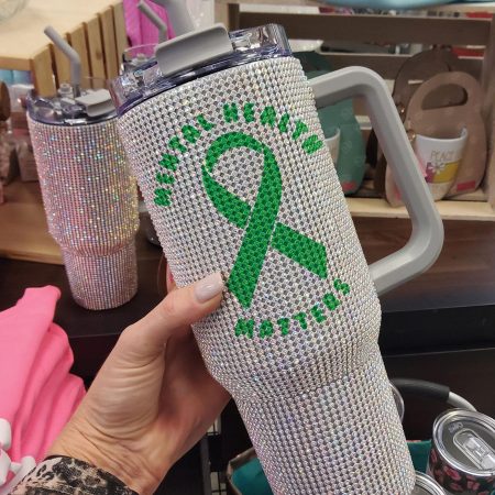 Mental Health Matter Green Ribbon Awarenes Mental Health Therapy Gift Emotional Support Transparent Lid Rhinestone Diamond 40oz Tumbler With Handle HG