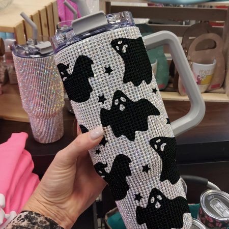 Spooky Ghost Halloween Ghostie Bling Halloween Gift Idea Spooky Season Fall Cute Ghost Transparent Lid Rhinestone Diamond 40oz Tumbler With Handle HG