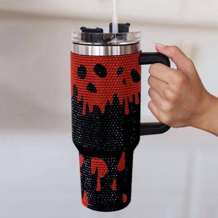 Halloween Bloody Drip Horror Bling Ghost with Lid and Straw Blood Drip Halloween Glitter Transparent Lid Rhinestone Diamond 40oz Tumbler With Handle HG
