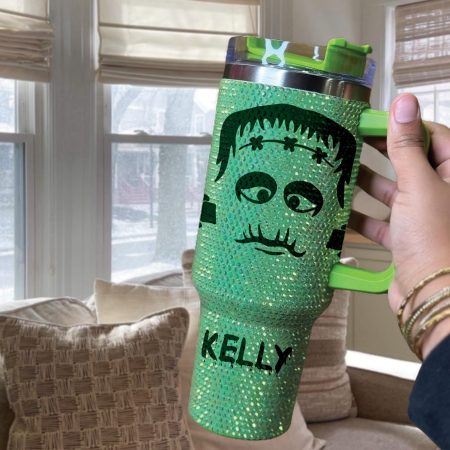 Personalized Classic Monster Halloween Horror Movie Bling Spooky Season Fall Custom Frankie Transparent Lid Rhinestone Diamond 40oz Tumbler With Handle HG