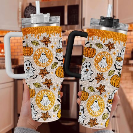 Spooky Vibe Halloween Bling Halloween Gift Idea Spooky Season Gift Fall Ghost Pumpkin Bling Transparent Lid Rhinestone Diamond 40oz Tumbler With Handle HG