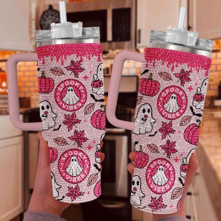 Spooky Vibe Halloween Bling Halloween Gift Idea Spooky Season Gift Fall Ghost Pumpkin Bling Transparent Lid Rhinestone Diamond 40oz Tumbler With Handle HG