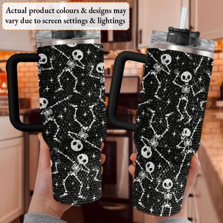 Skeleton Halloween Ghost Halloween Bling Halloween Gift Idea Spooky Season Fall Bling Transparent Lid Rhinestone Diamond 40oz Tumbler With Handle HG