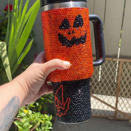 Spooky Pumpkin Fall Bling Travel Halloween Gift Idea Halloween Personalized Transparent Lid Rhinestone Diamond 40oz Tumbler With Handle HG